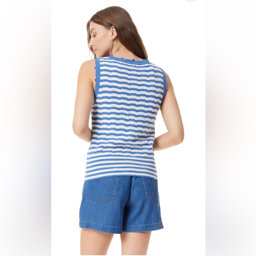 Sam Edelman Mariyah Scallop Tank Top Blue White Striped Ribbed Hem XL NEW - Picture 4 of 5